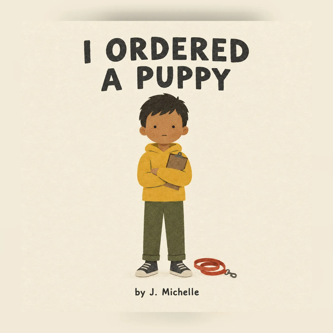 Cover of I Ordered a Puppy: Big stands in a yellow hoodie holding a clipboard, a red leash on the floor.